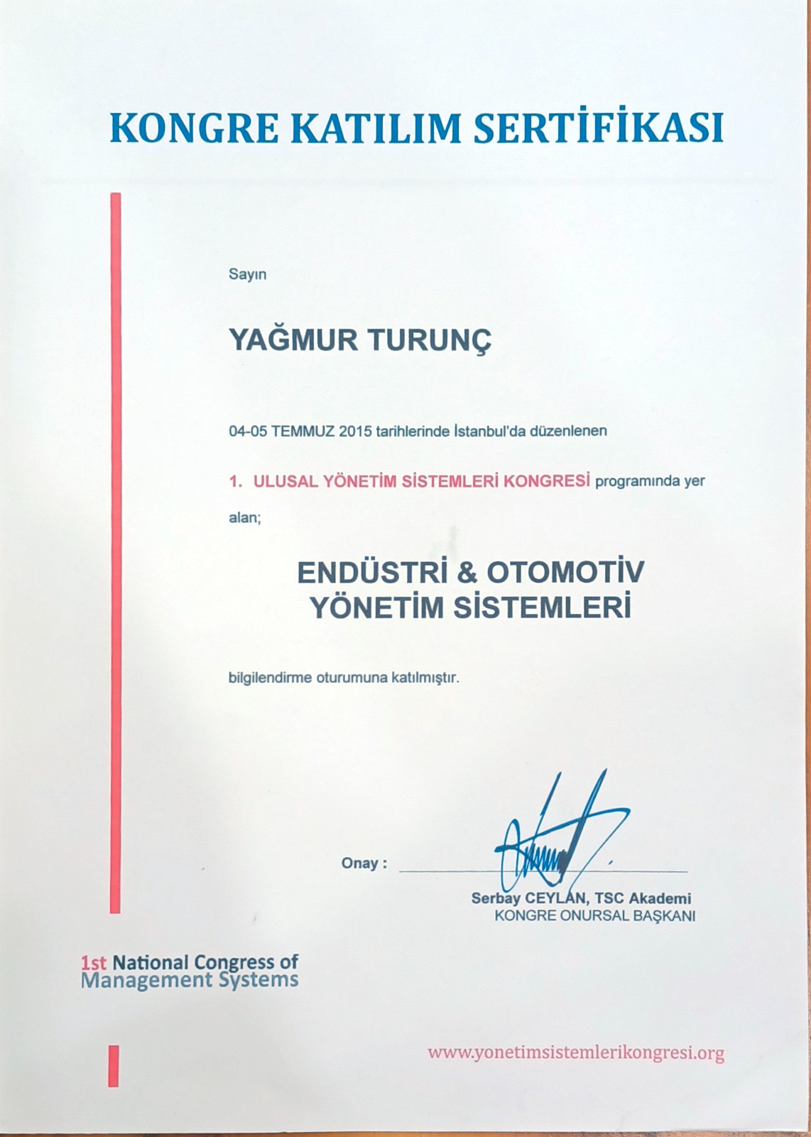 Endüstri & Otomotiv Yönetim Sistemleri — Kongre Katılım Sertifikası · 2015 sertifikası
